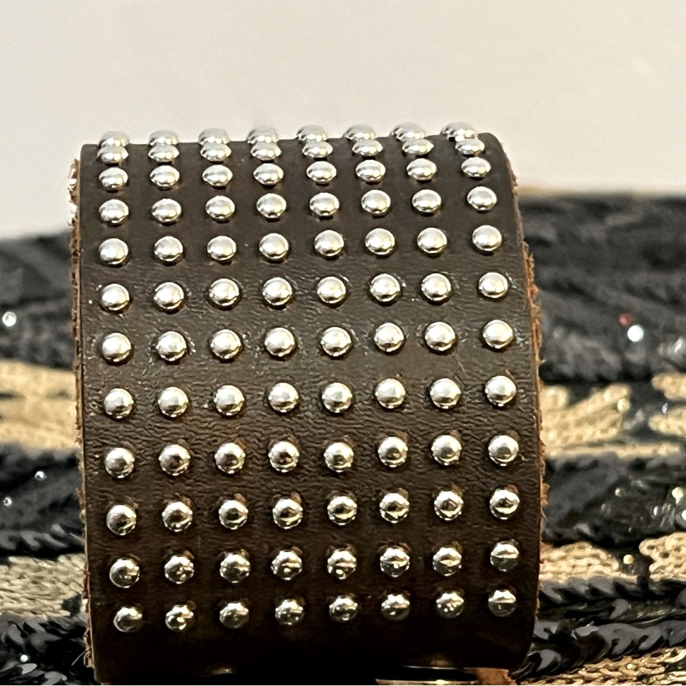 Leather brown cuff bracelet with silver studs for men/women.
